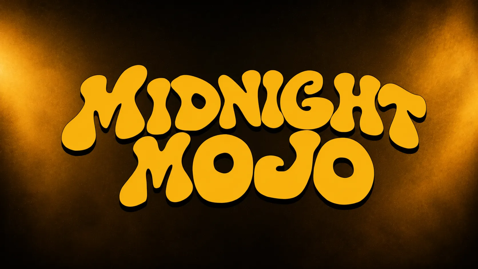 Midnight Mojo wordmark in golden bubble letters against a dark, warmly lit backdrop